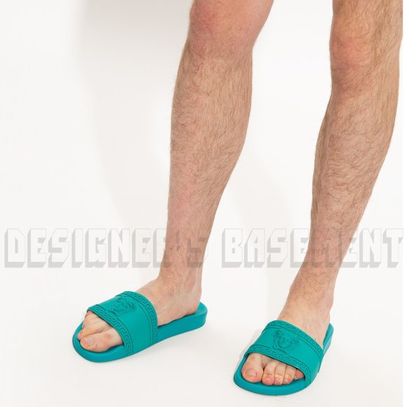 VERSACE mens 42EU - 9US turquoise CARDINAL Medusa head FLIP-FLOP slide sandals - Picture 4 of 9